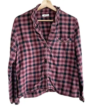 Madewell checkered button‎ down flannel long sleeved shirt women's L 100% cotton thumbnail 1