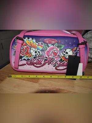 Ed Hardy Pink Shoulder Bag Tattoo Skull Rose Butterfly Rhinestone Barrel Satchel thumbnail 3
