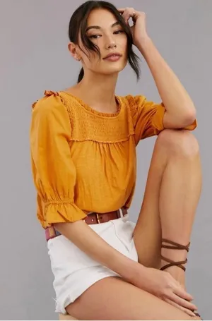 By Anthropologie Mustard Yellow Smocked Peplum Cottagecore Blouse Size Small thumbnail 1