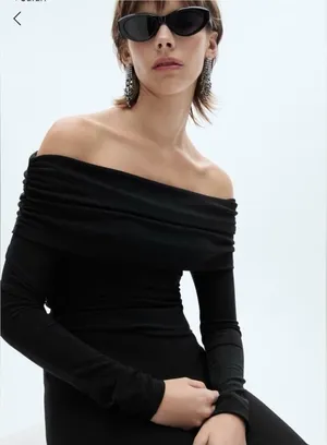 Mango Glitter Off Shoulder Long Sleeve Top Women's Size XL Black/SilverParty Y2K thumbnail 1