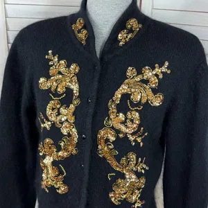 Vintage Karen Scott Sequin Fuzzy Angora Wool Cardigan Sweater Black‎ Gold Medium thumbnail 5