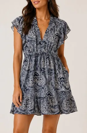 Sundance Paisley Ruffle Boho Viscose Pocketed Blue Print V-Neck Mini Dress thumbnail 1