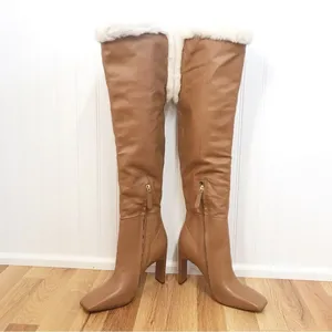 BCBGMAXAZRIA‎ Tan Leather Over The Knee Boot Faux Fur High Block Heel Size 7 thumbnail 7