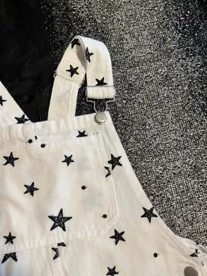 Womens small Storia White denim black star print pinafore/overall dress thumbnail 6