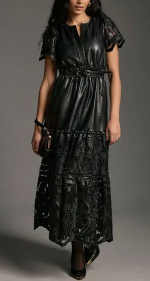 The Somerset Faux Leather Embroidered Cutwork Maxi Dress, Size XXS thumbnail 1