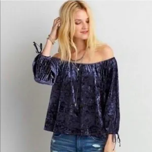 American Eagle Navy Blue Velvet Off Shoulder Top Size XXL thumbnail 1