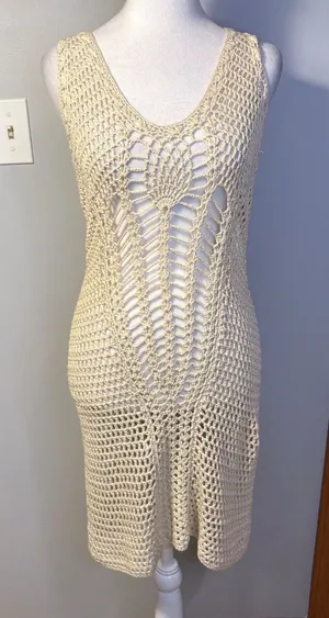 ZARA KNIT Crochet‎ Knit Midi bohemian swim cover Cream Sleeveless V Neck Sheer thumbnail 1
