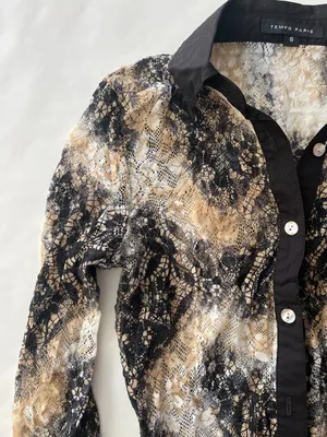 Vintage VTG Tempo Paris 90s Ombre Black Tan Lace Button Down Y2K Collared Top S thumbnail 3