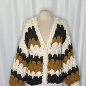 CHICWISH Color Block Hand Knit Chunky Cardigan Sweater Smoke Medium Large thumbnail 3