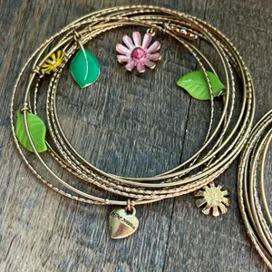 Betsey Johnson Gold Tone Enamel Flower Leaf Bangle Bracelet Set Whimsical Boho thumbnail 2