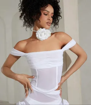 Off Shoulder Mesh Ruched Top thumbnail 1