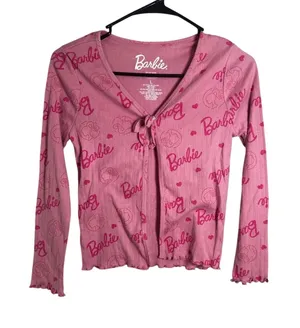 Barbie Hybrid Apparel Pink Ribbed Tie Front Long Sleeve Lettuce Trim‎ Top Large thumbnail 1