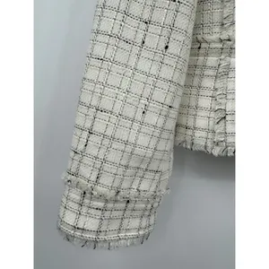 Ann Taylor Tweed Plaid Moto Jacket Sz 6 Cream Black Gold Stylish Office Career thumbnail 4