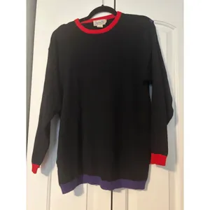 Sweater Bee‎ Black Purple Green Red Trim Long Sleeve Knit Sweater Size S thumbnail 6