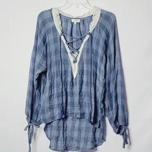 Anthropologie Umgee plaid tassel tie vneck lace blue checkered country Top Sz M thumbnail 2