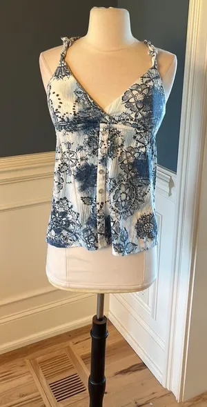 Self Esteem Tank Blue White Print Peplum Shirt Cotton Blend Medium thumbnail 6