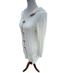 Fancy Design White Knit Hooded Sweater Jacket Toggle Buttons Size S/M NWOT thumbnail 4