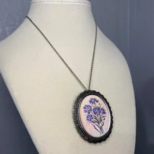 BLUE CORNFLOWERS BROOCH PIN NECKLACE CHAIN thumbnail 2