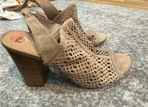 Women's Taupe Perforated Block Heel Sandals thumbnail 1