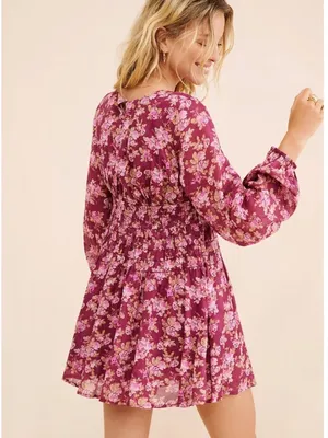NWT Free People Keep You Mini Dress in Berry Combo Long Sleeve Floral Size Small thumbnail 3