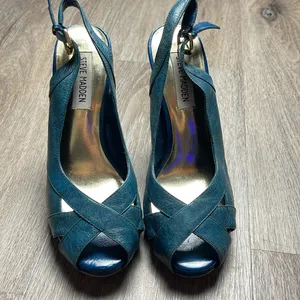 Steve Madden Leather Marlene Teal Peep Toe Heels thumbnail 4