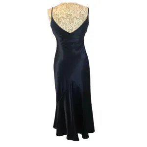 Y2K Alex Evenings navy beaded slip cowl neck floral satin formal Gown small thumbnail 3