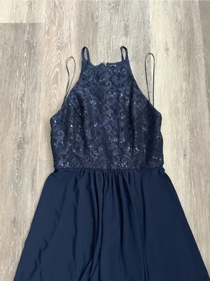 Morgan & Co Navy Lace Sequin Halter Maxi Gown Prom Evening Formal Dress Junior 7 thumbnail 5