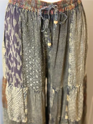 Young Threads Boho Tiered Patchwork Pants in Olive Multi Sz L thumbnail 3