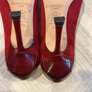Jimmy Choo Rocky Red Suede Peep-Toe Pumps for Women – Size 37.5 thumbnail 7