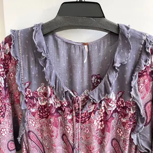 Free People Blouse Womens Medium Purple Boho‎ Paisley Floral Ruffle Peplum Top thumbnail 3