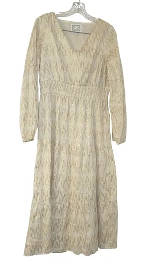 Sail to Sable Gold Metallic Chevron Smocked Midi Dress Cream V-Neck Small thumbnail 1