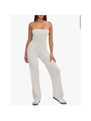 NEW Super soft Tan Strapless Knit Wide Leg Tube Top Jumpsuit L thumbnail 4