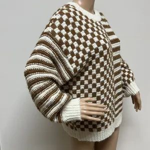 NWOT Blu Pepper Cream & Brown Checkerboard & Striped Sweater Sz S Puffed Sleeve thumbnail 6