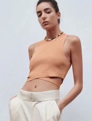 Zara Peach Orange Ribbed Knit Cut Out Crop Top Size Small thumbnail 1