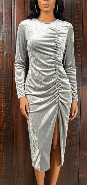 Future Collective Silver Ruched Velvet Long Sleeve Midi Dress thumbnail 1