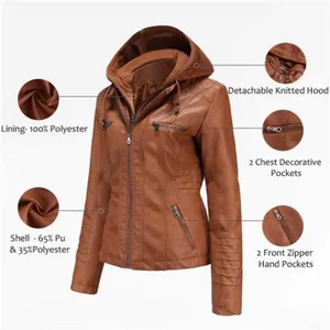 TAGOO Brown Faux Leather Jacket with Removable Hood. thumbnail 2