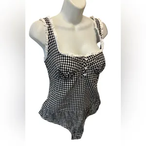 Intimately Free People Cassie Gingham Ruffle Bodysuit L Black White Milkmaid thumbnail 6