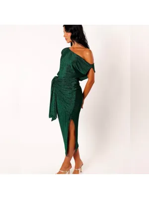 NWT Petal and Pup Midi Santiago Off Shoulder emerald metallic green dress size S thumbnail 3
