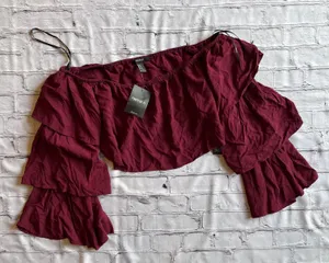 Off Shoulder Aubergine Layered Sleeve Boho Cropped Top Blouse NWT NEW thumbnail 1