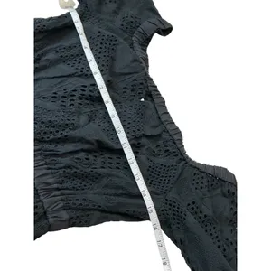 Milly Black Eyelet Cotton Mini Dress 3/4 Puff Sleeve Elastic Waist Pockets‎ P thumbnail 8