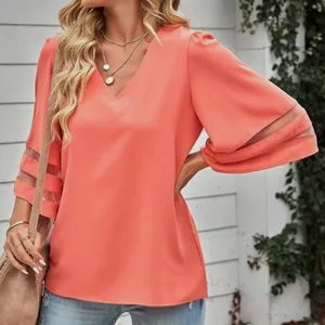 Casual V Neck 3/4 Bell Sleeve Mesh Panel Blouse Coral XL thumbnail 3