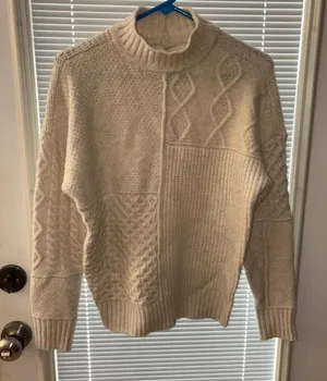 American Eagle Patchwork Cable Knit Ribbed Mock Pullover Sweater in cream- XS petite cream, patchwork, cable knit, ribbed, mock neck, cozy, textured, oversized, retro, casual thumbnail 1