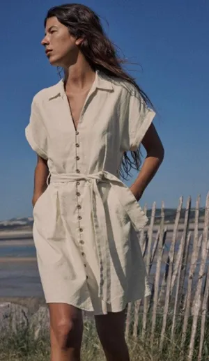 Zara Linen Blend Belted Shirt Robe Dress Pockets Johnny Collar XS thumbnail 1