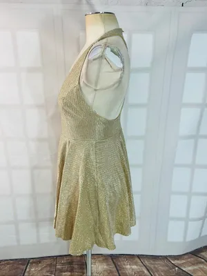 Lulus Gold Apryl Mae Metallic Sleeveless V-Neck Racerback Skater Dress Sz Small thumbnail 8