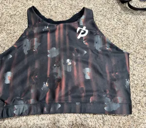 Peloton Black and Burgundy Floral-Striped Crop Sports Bra size large thumbnail 1