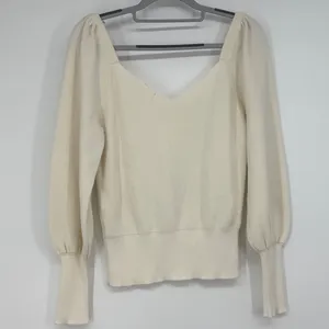 Anthropologie Cream Knit Puff Sleeve V-Neck Sweater Top Size S Romantic Ballet‎ thumbnail 2