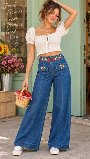 Smak Parlour Strawberry Blossom Embroidered Wide Leg Jeans M Retro Cottagecore thumbnail 1