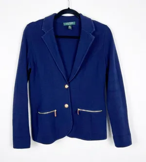 Lauren Ralph Lauren Women‎ Navy Knit Cotton Blazer Gold Button Jacket PS thumbnail 1