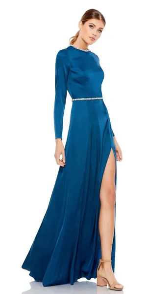 Ieena for Mac Duggal Sapphire Long Sleeve Jewel Trimmed Charmeuse Gown- NWT‎ thumbnail 1
