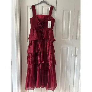 Red Tiered Ruffle Dress With Straps Size 8 thumbnail 8